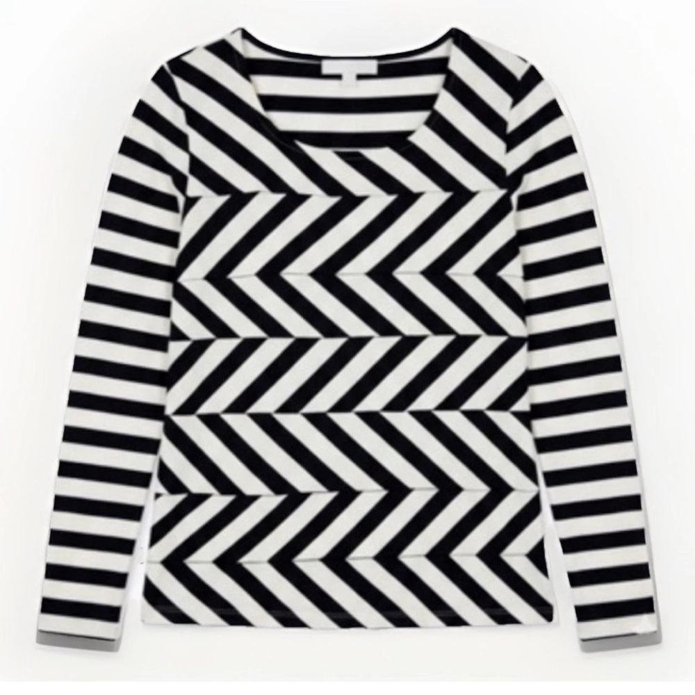 Chico's Top Blouse Women’s Size 1 (M) Ruffle Chevron Black/ White/ Gold Stretch